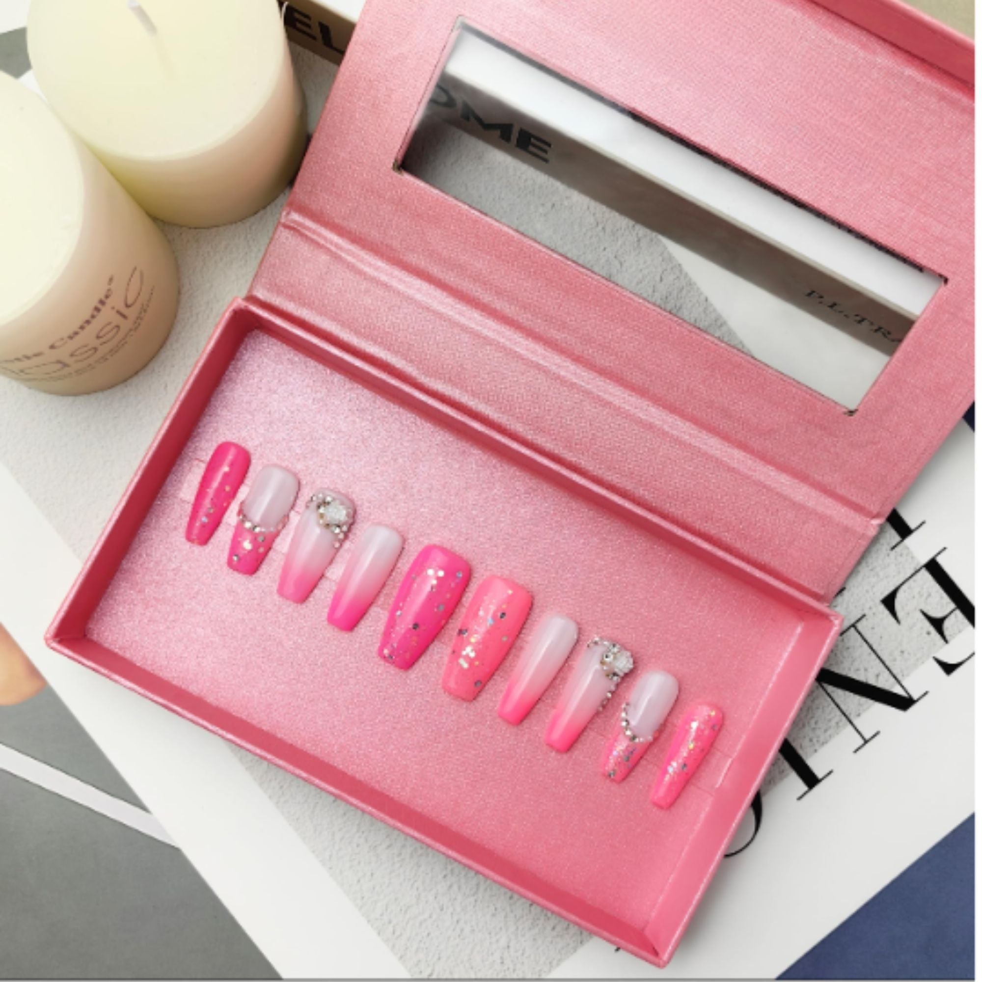 Vortex Glam Press-On Nail Kit™ – PMMA Acrylic Handmade Reusable False Nails | Pink Blush with Gift Box
