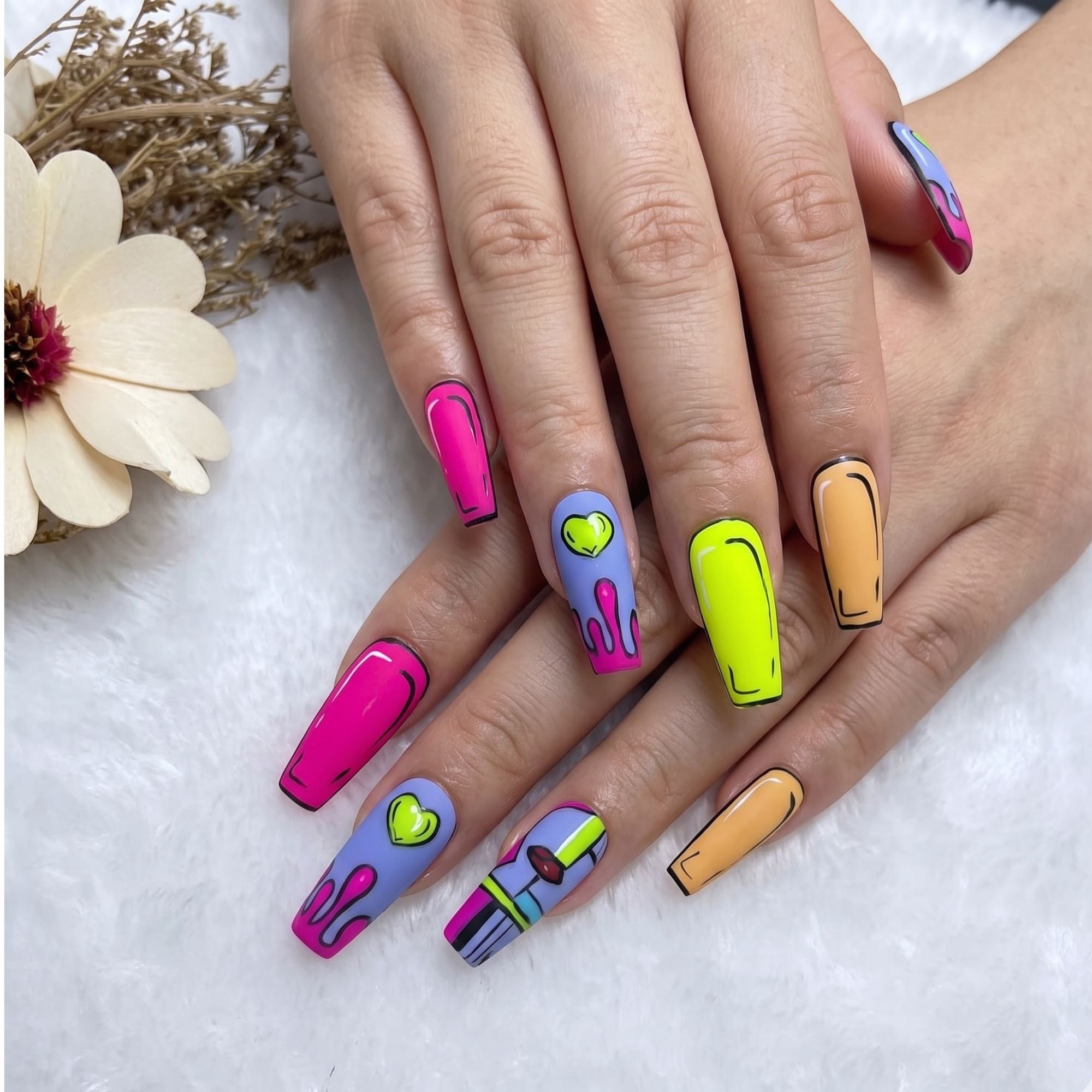 Vortex White Temperament Press-On Nail Kit™ – Handmade Long Cat Eye Nails | Rose Butterfly Leopard Designs | S to L